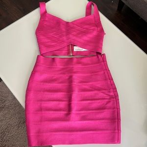 Herve Leger x Forever 21 Women’s bandage mini skirt and crossover crop top pink